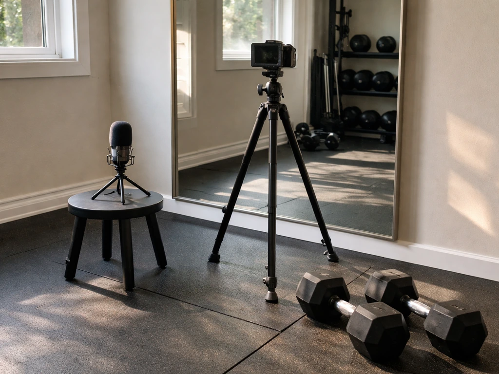 Fitness YouTuber setup with gym background: microphone, dumbbells, and a focused camera on a tripod