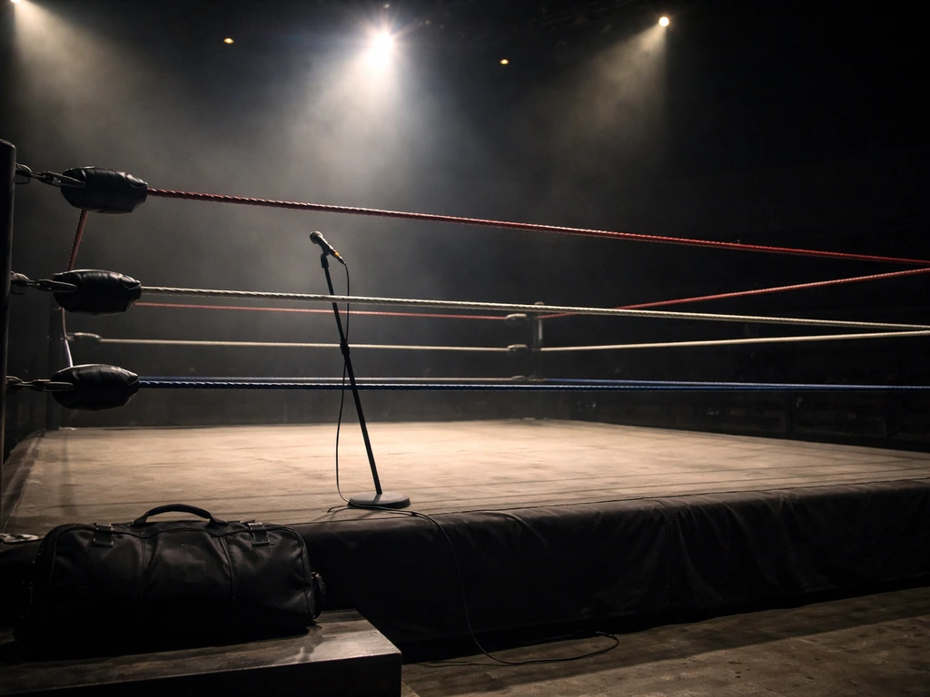 WWE-style wrestling ring under spotlights with a microphone stand and duffel bag, hinting at performer-era earnings