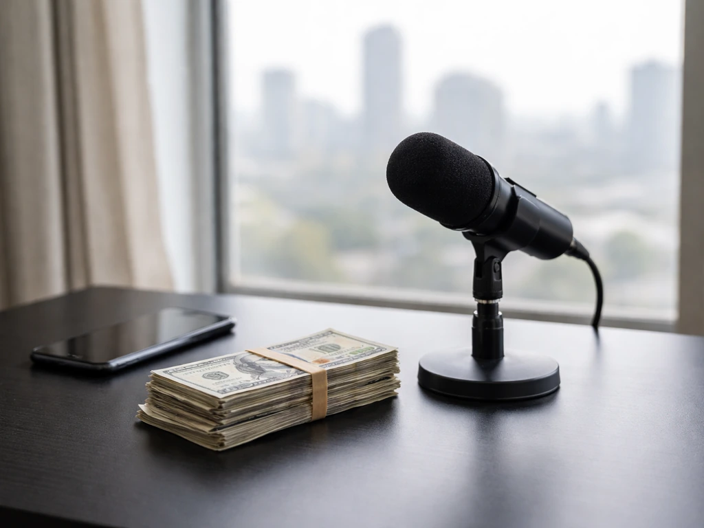 Minimal desk scene with cash and a microphone suggesting media income and net worth assumptions