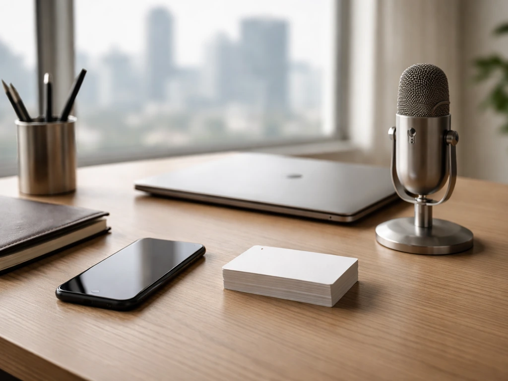 Minimal modern office desk with phone, laptop, microphone, and blurred city view, symbolizing corporate assets.