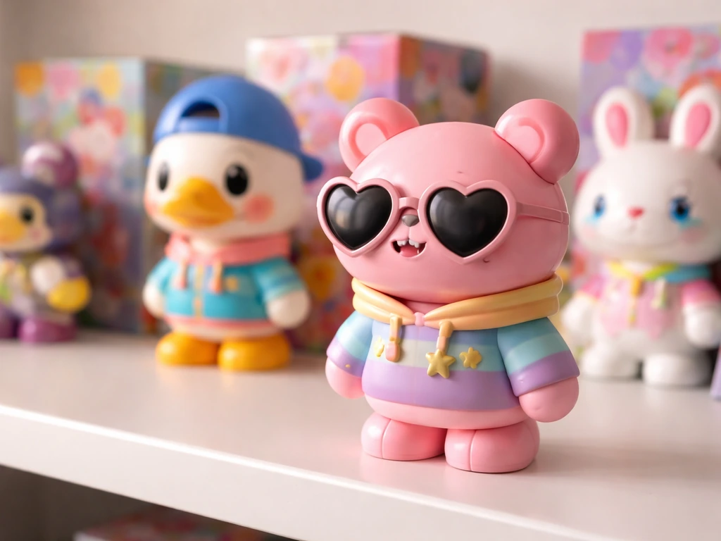 Close-up of designer vinyl toys on a studio shelf, evoking the mainstream designer toy brand origin.