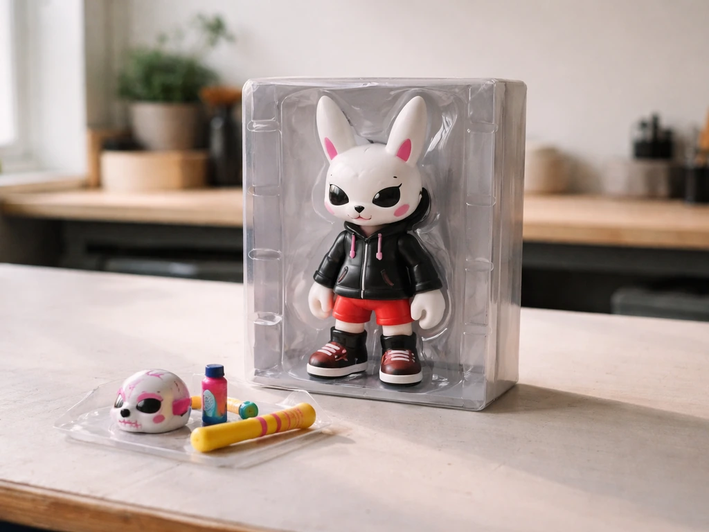 Single collectible figure in protective packaging on a boutique workbench in soft natural light.