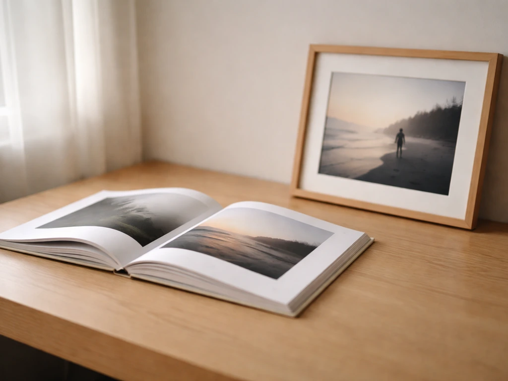 A minimal tabletop with an open photography book and a framed print laid beside it