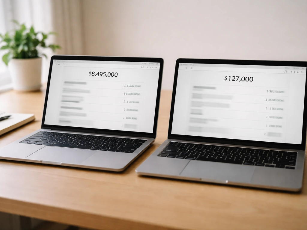 Two open laptops showing different net-worth style figures side-by-side in a dim office setting.