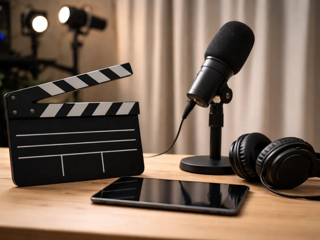Minimal studio desk with clapperboard, microphone, and headphones in soft media lighting