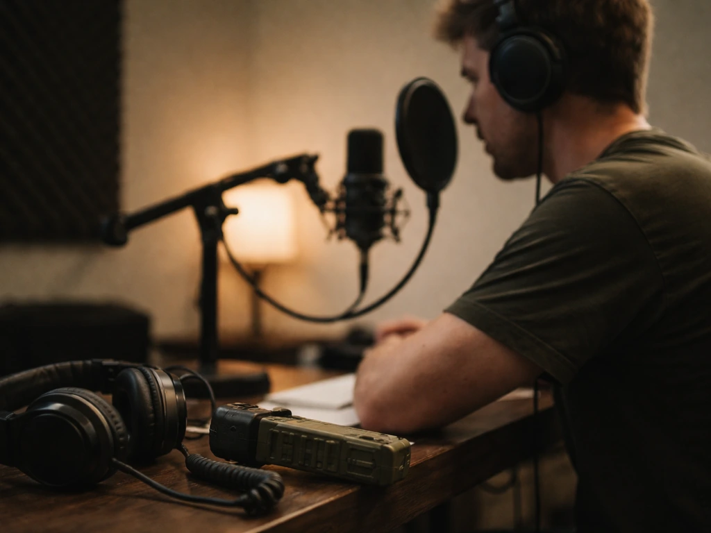 Minimal gaming voice studio scene with a microphone and a muted military-style game prop, no text.
