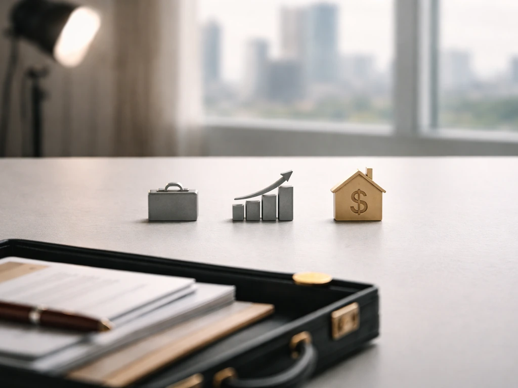 Minimal timeline scene with three stacked milestone markers beside a briefcase and TV studio light