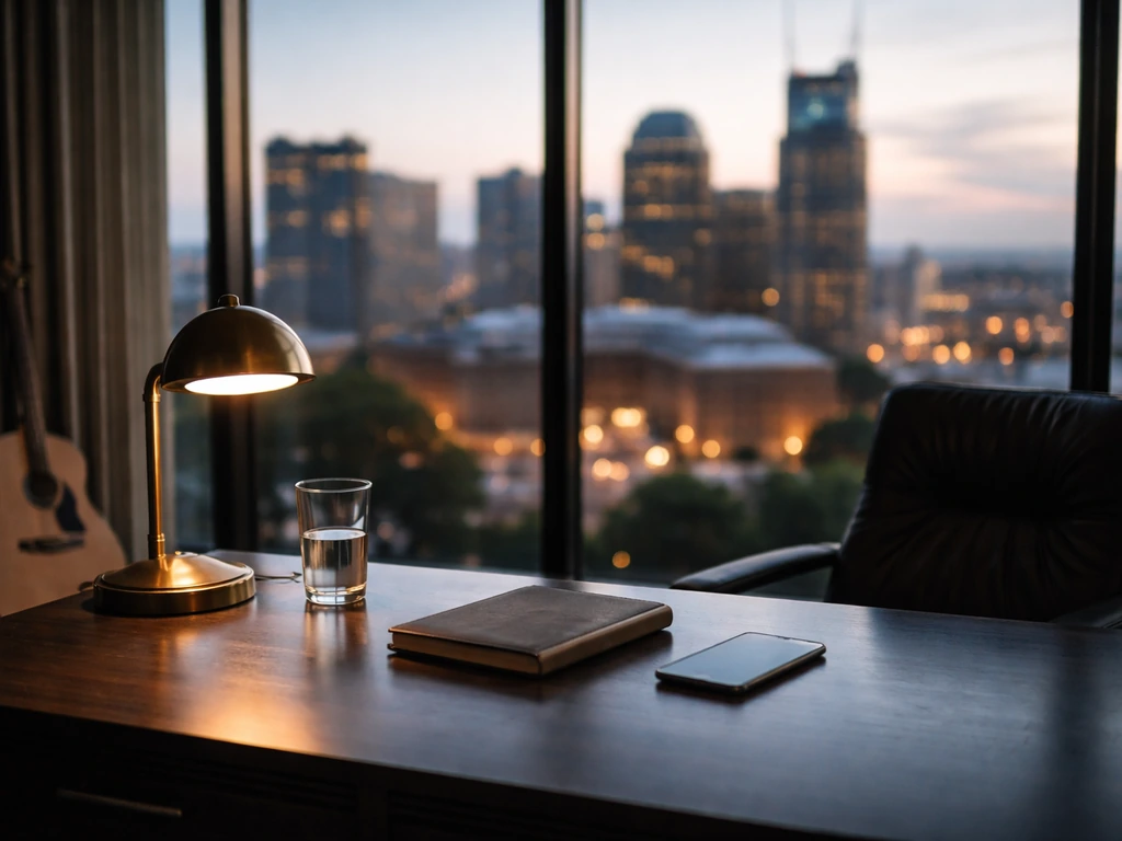 Empty upscale Nashville office at evening with desk items and city skyline bokeh, symbolizing business wealth.