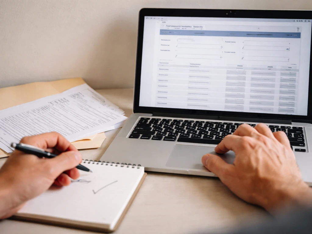Close-up of hands using a laptop beside printed notes, suggesting verifying nonprofit financial records.