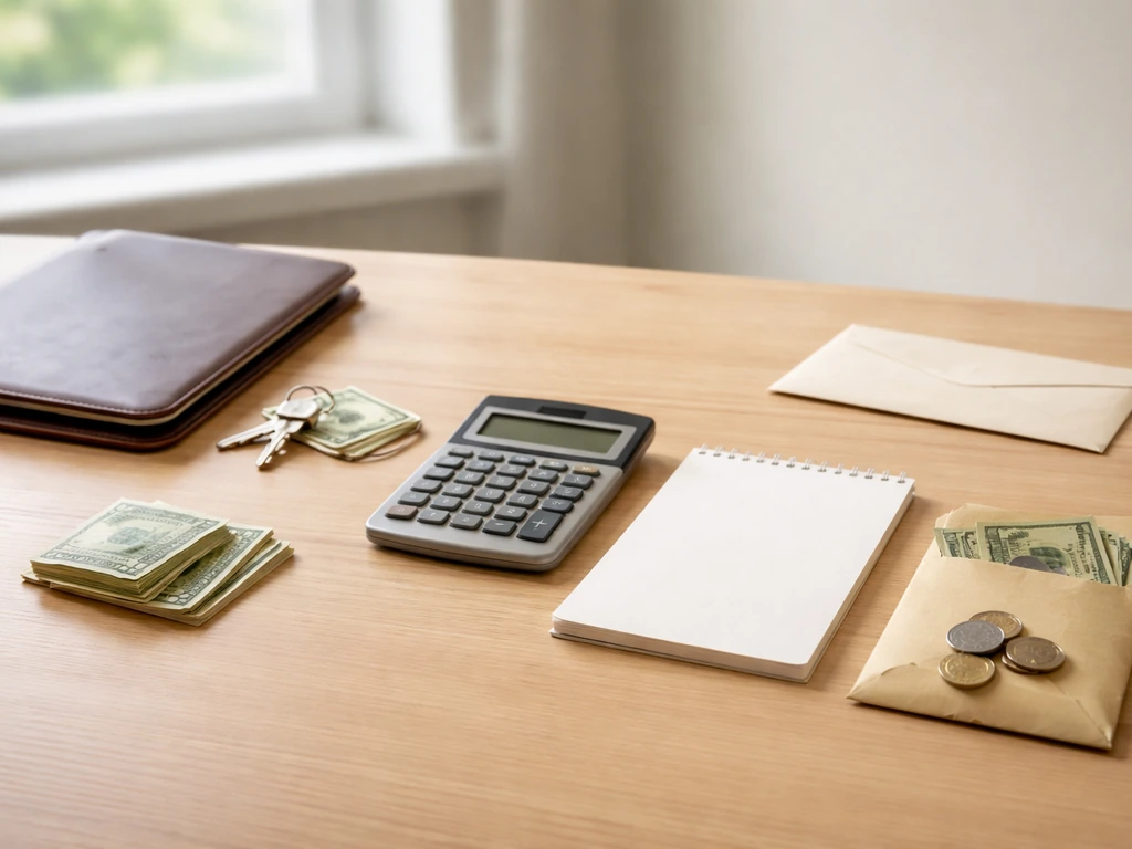Clean desk scene with calculator, cash envelope, and folder beside a notepad, illustrating assets minus liabilities.