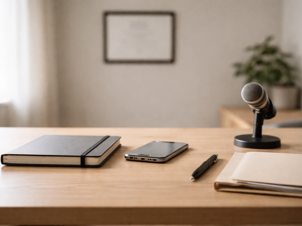 Minimal home-office scene with a notebook, smartphone, and small microphone suggesting verifying an identity for a profi