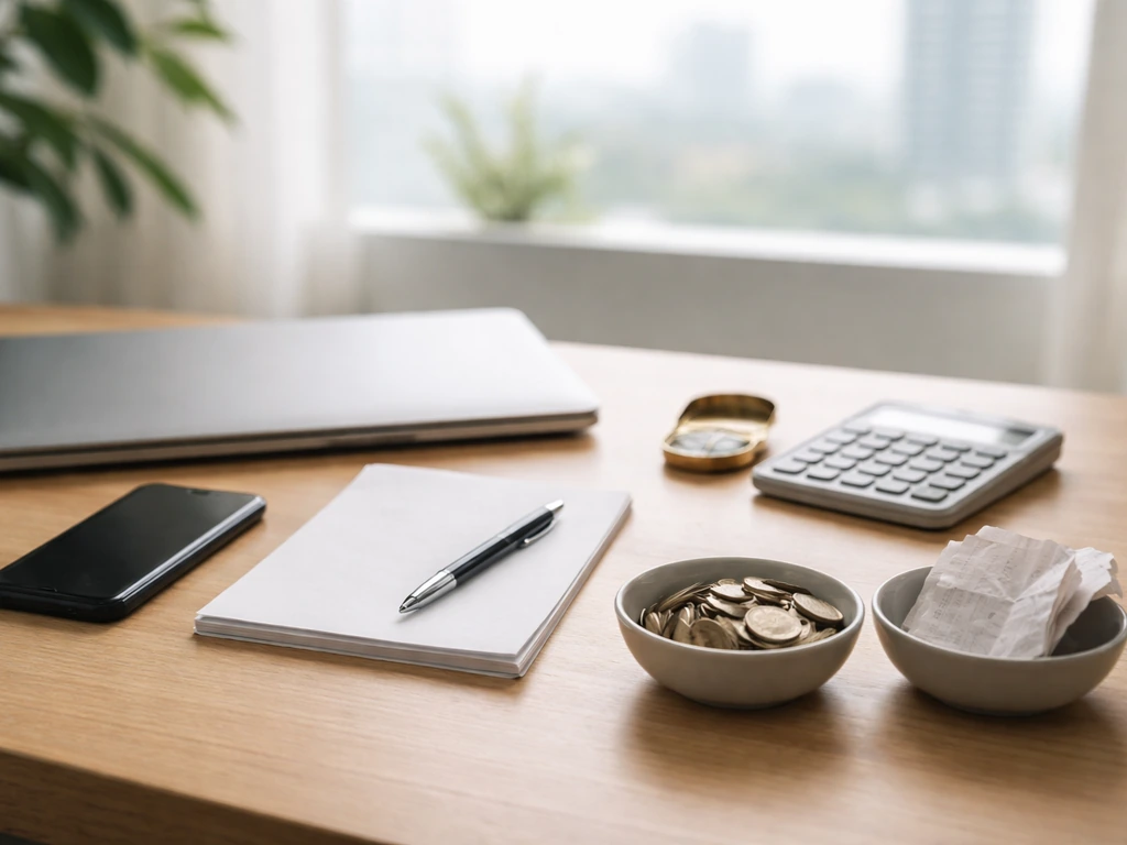 Minimal office desk scene with calculator, blank papers, coins, and receipts symbolizing net worth estimation.
