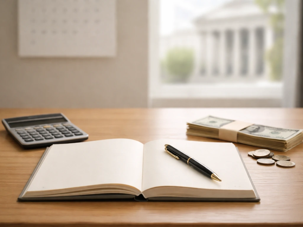 Minimal desk scene with a budgeting notebook and calculator, evoking military pay benchmark estimates