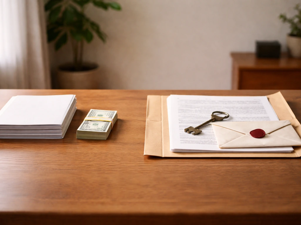 Desk with assets on one side and mortgage/obligation items on the other, symbolizing liabilities vs equity.