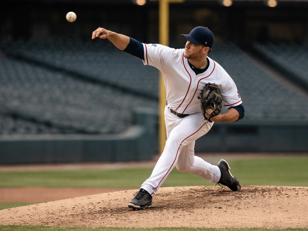 Right-handed MLB-style pitcher in a Detroit Tigers uniform delivering a pitch on a baseball field