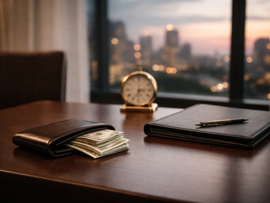 Minimal photo of a banker-style desk with a leather wallet, cash, and a blurred city skyline at dusk