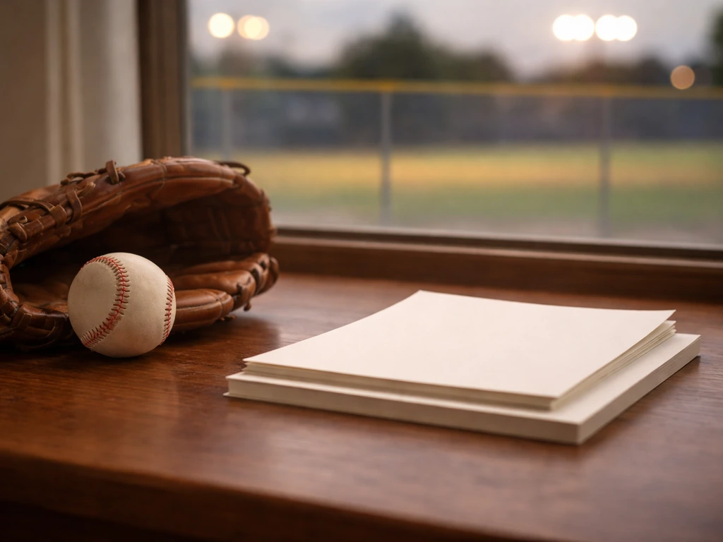 Baseball glove on a desk next to a ball and blank papers, blurred stadium view at dusk.