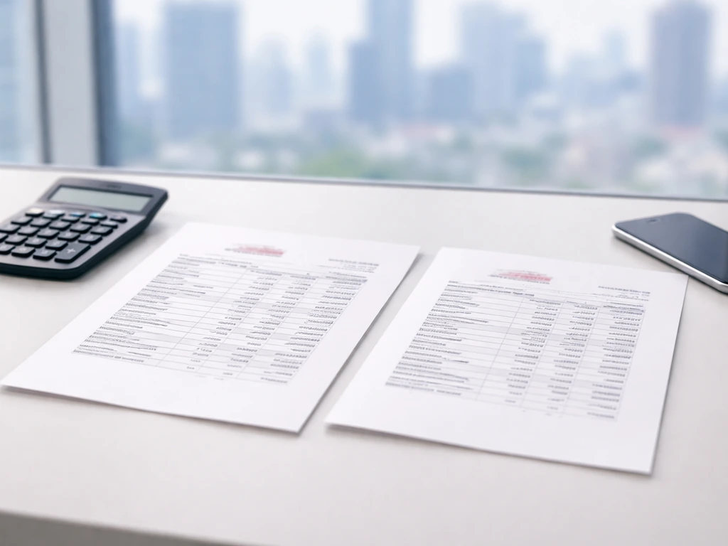 Desk with calculator and multiple stamped papers showing different dated financial snapshots, no readable text.