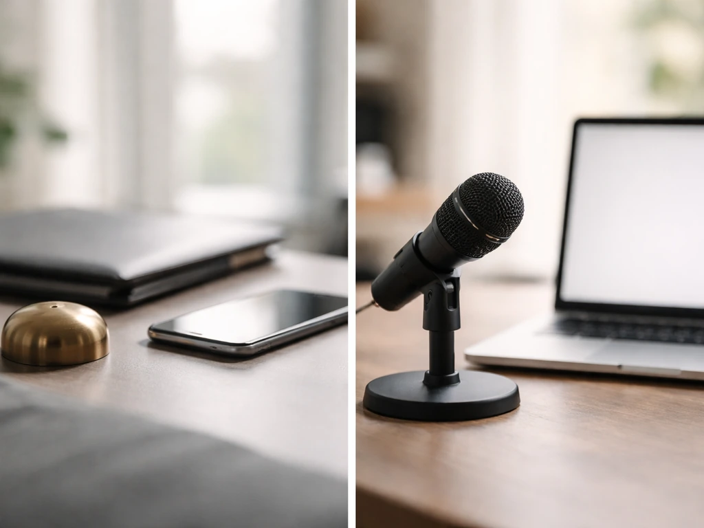 Split-screen of a finance desk and podcast setup suggesting business identity verification cues