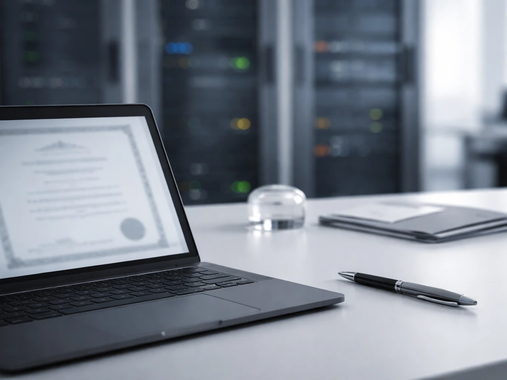 Office desk with a cybersecurity server rack background and scattered papers, suggesting executive equity wealth