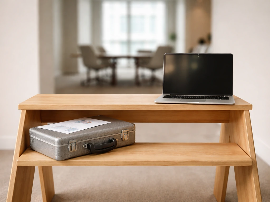 Minimal photo of a two-step wooden ladder with a briefcase and laptop in a bright office setting.