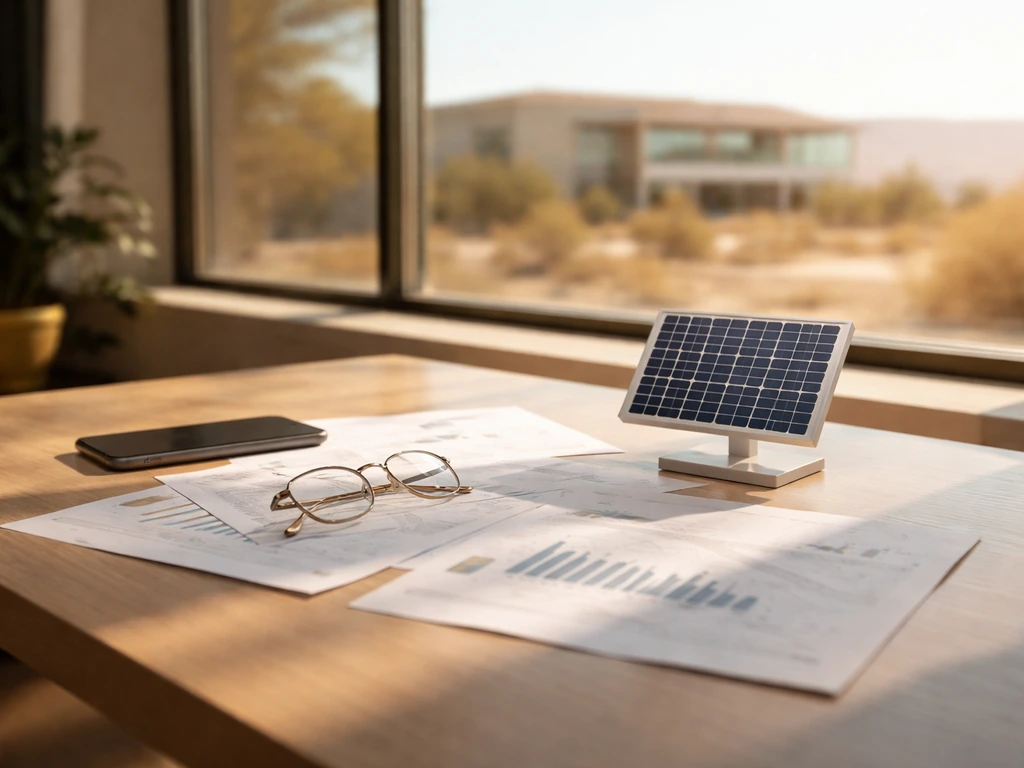 Sunlit desk with a small solar panel model and business papers, suggesting solar entrepreneurship and finance variations