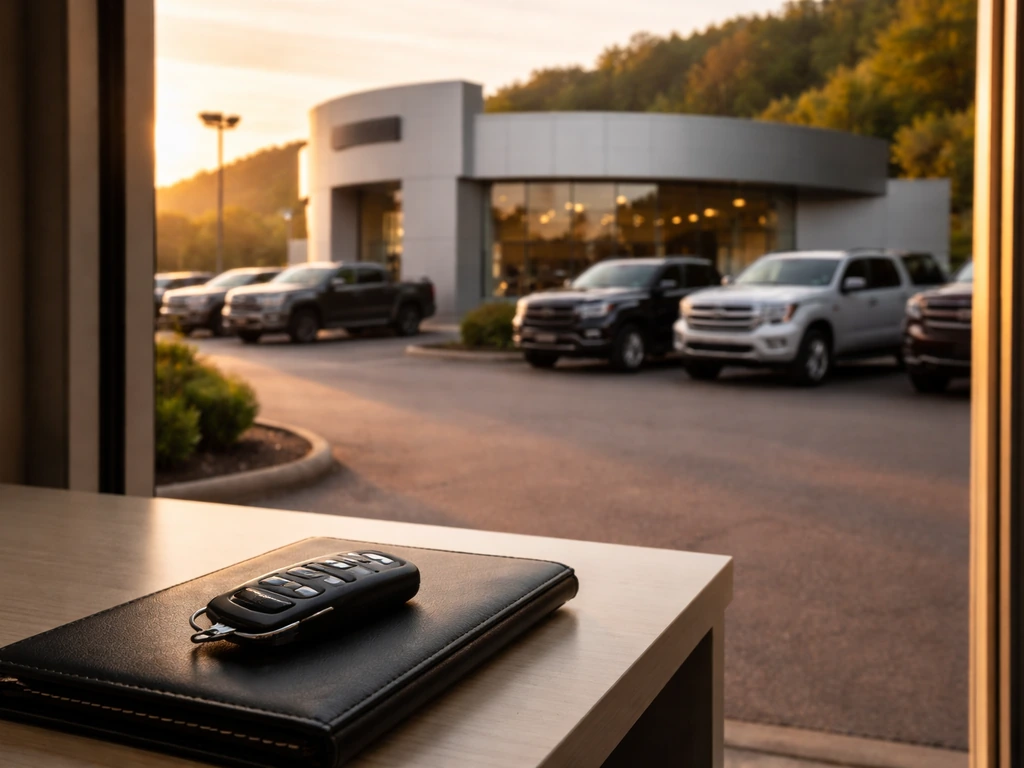 Anonymous Ford dealership exterior with parked cars and a car key on an office desk doorway.