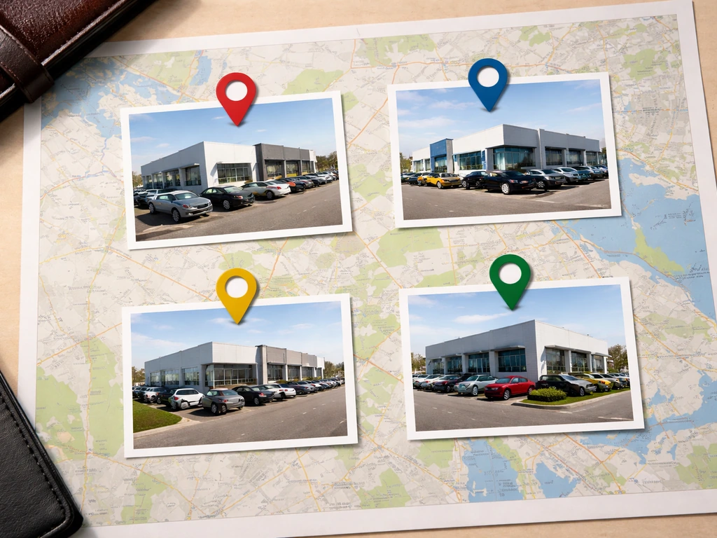 Minimal map-style collage showing four Shults Ford locations with four markers, no text