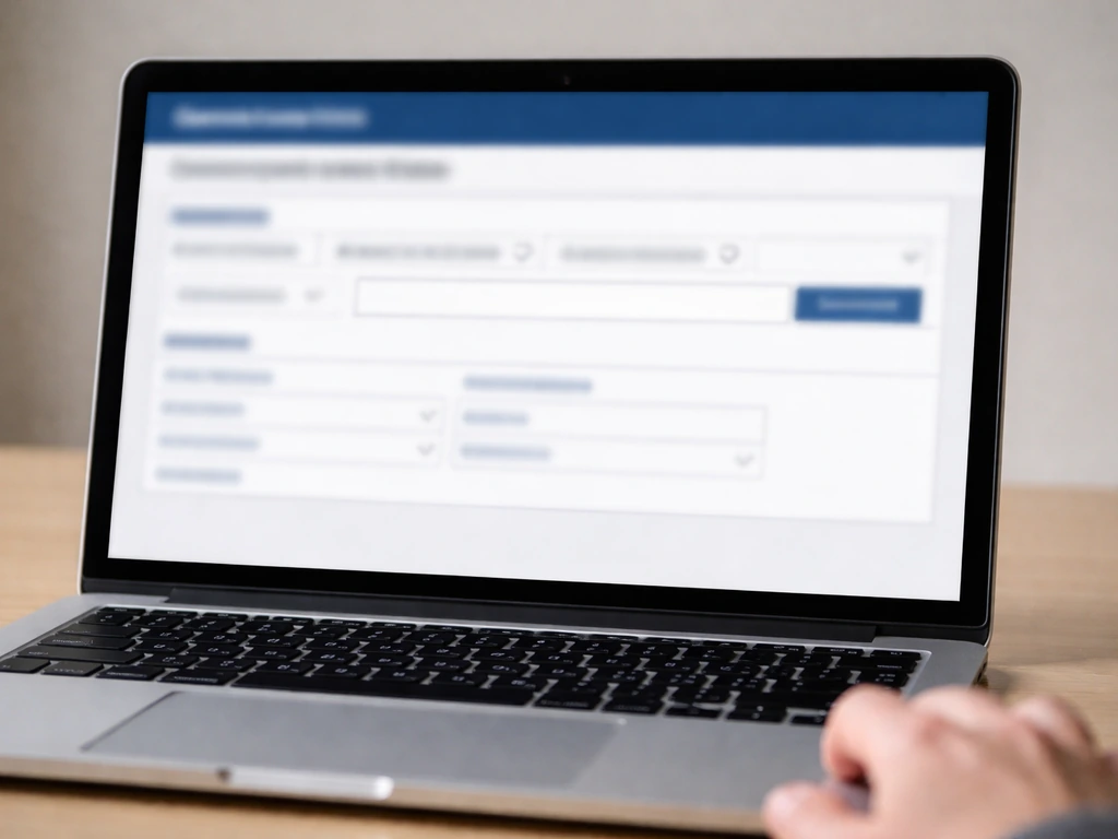 Close-up of a laptop showing a Pennsylvania business filings search page with blurred, unreadable details