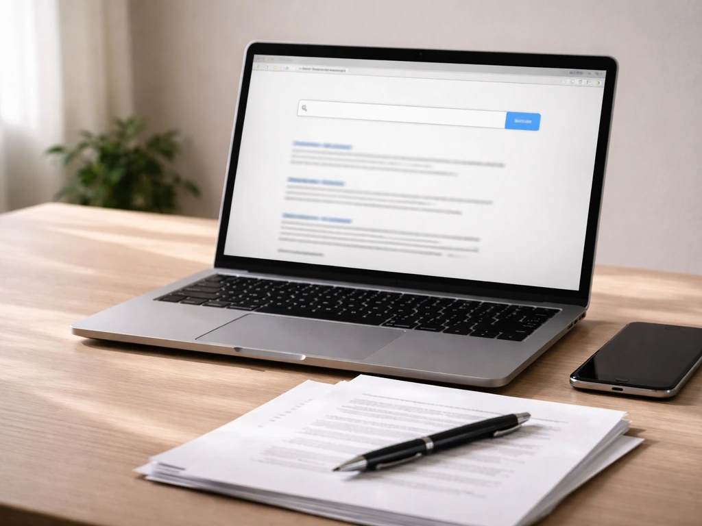 Minimal photo of a laptop showing a browser search page for PA business lookup, with pen and documents nearby.