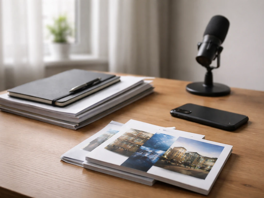 Tidy desk with book cover stack, documents, smartphone, and small microphone—symbolic proxy signals setup.