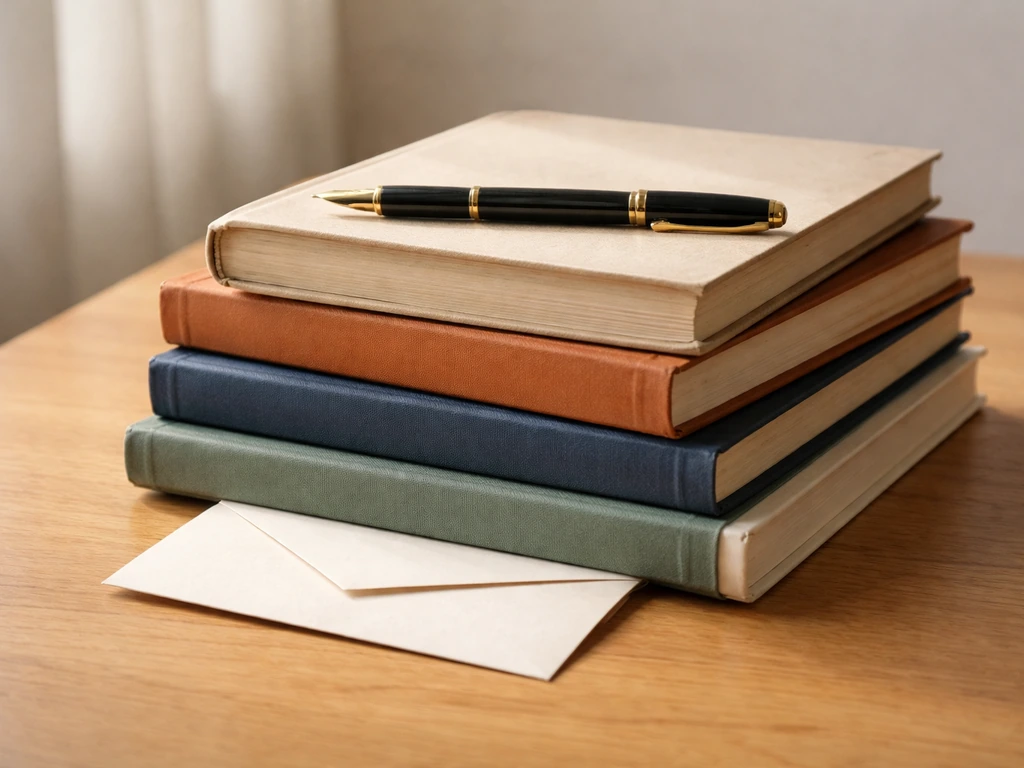 A desk with stacked books and a pen, suggesting book advances and royalties.