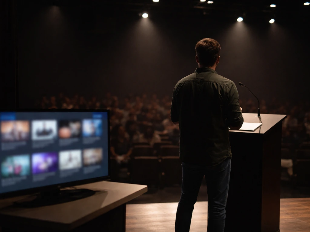 Speaker at a small lecture stage with stage lights, with a blurred monitor showing podcast/video tiles nearby.