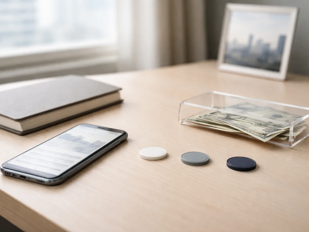 Minimal desk scene with a smartphone and tokens suggesting a range of conflicting money estimates.