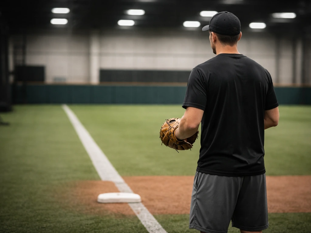 Anonymous baseball coach on a turf field near first base, MLB training atmosphere in soft background.