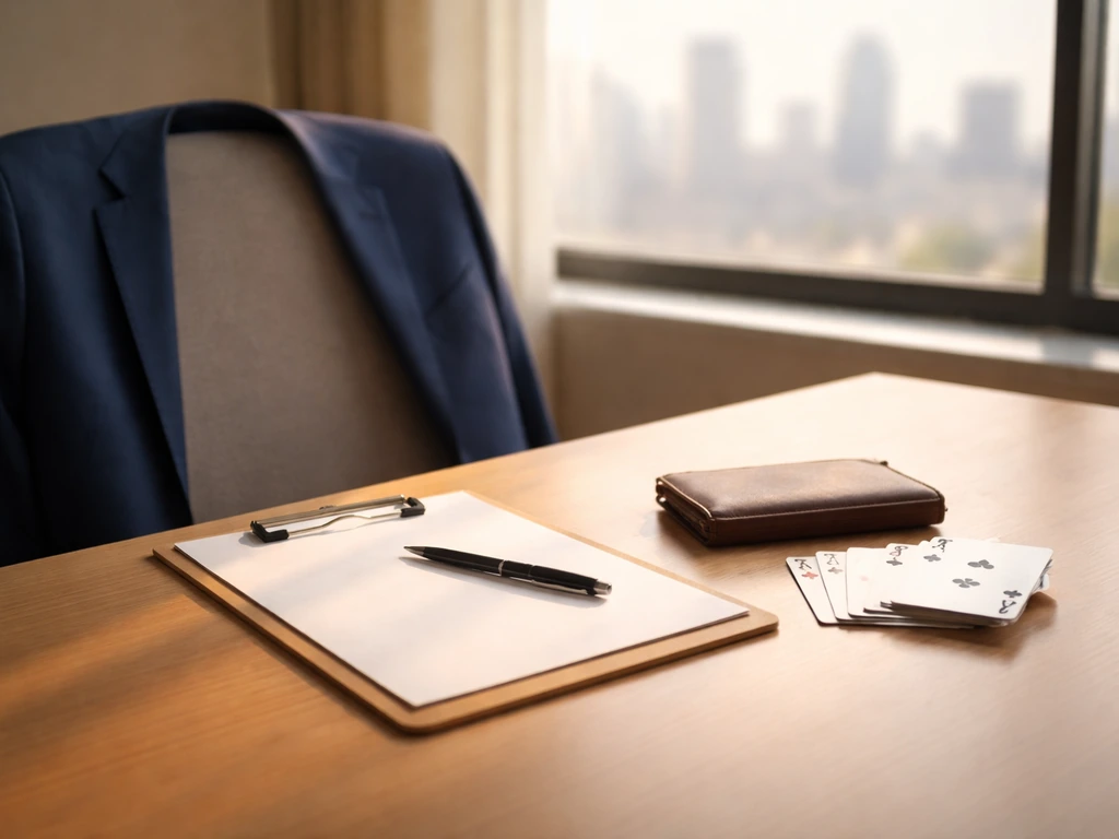 Minimal photo of a baseball coaching office desk with a suit jacket, clipboard, and money symbolized by a wallet