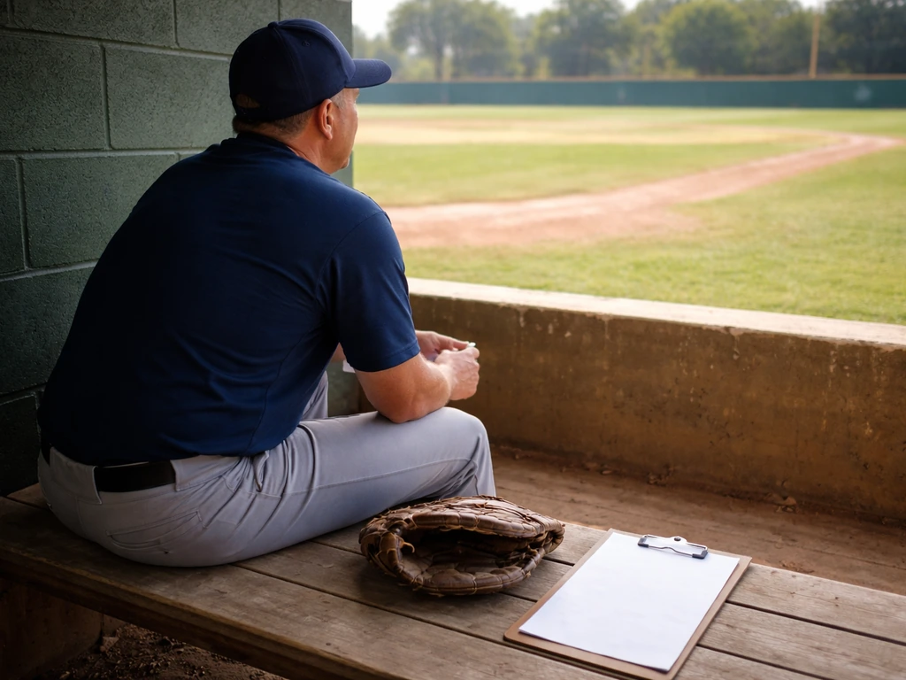 Baseball coach seated in a minor league dugout with a glove and clipboard, stadium field in view.
