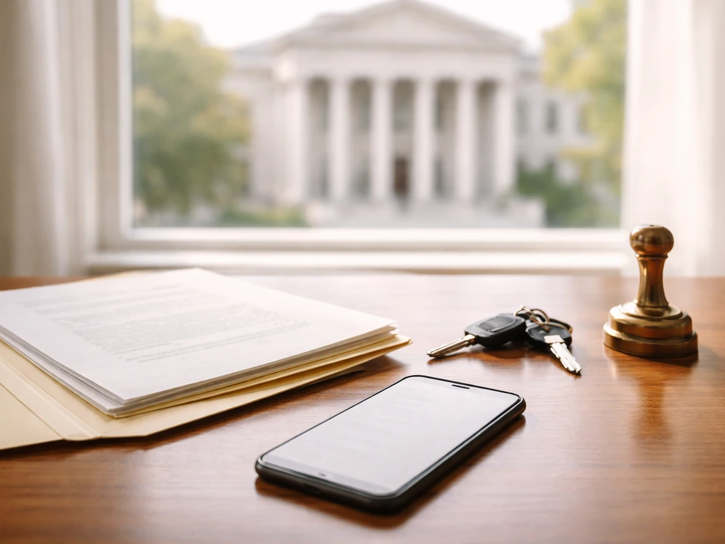 Minimal photo of a desk with papers, a smartphone, and a folder about property records and financial documents.