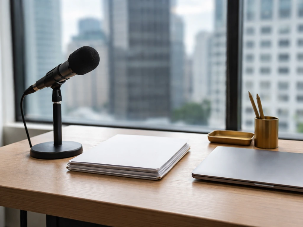 A modern talent agency office desk with a microphone and city view, symbolizing media representation and wealth.