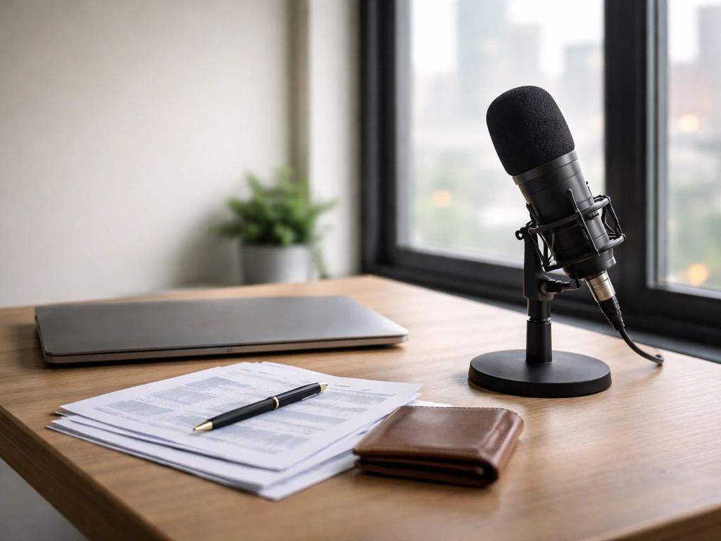 Sunlit desk with a microphone and scattered business documents symbolizing media and financial estimates