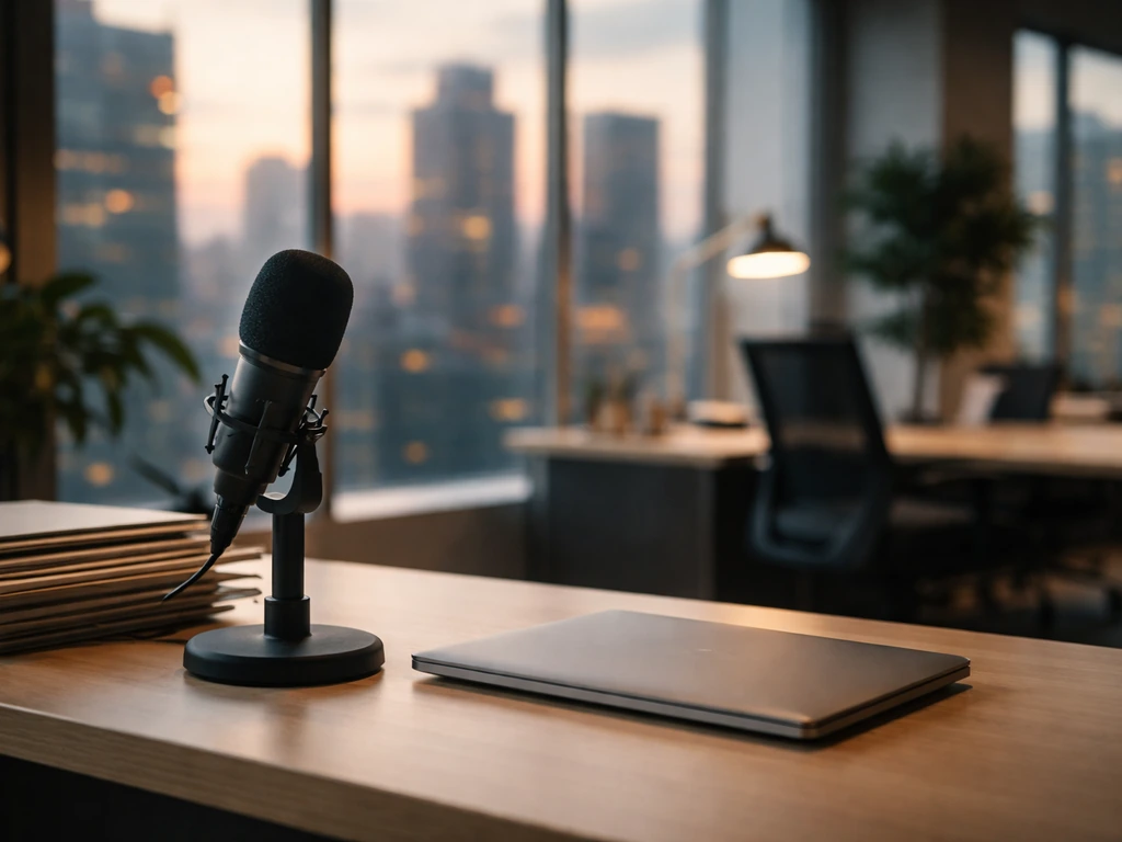 Minimal photo of a modern media-office setting with a lit desk microphone and city view, suggesting media wealth.