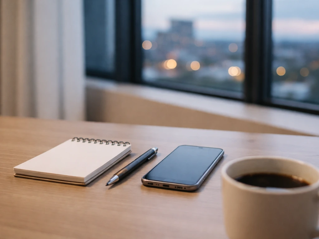 Minimal photo of a desk with a notepad, smartphone, and coffee, suggesting monitoring and updating business info