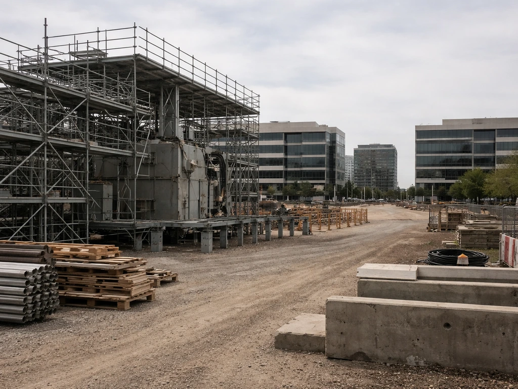 Minimal industrial construction site backdrop with steel framework and equipment, evoking a major corporate acquisition.