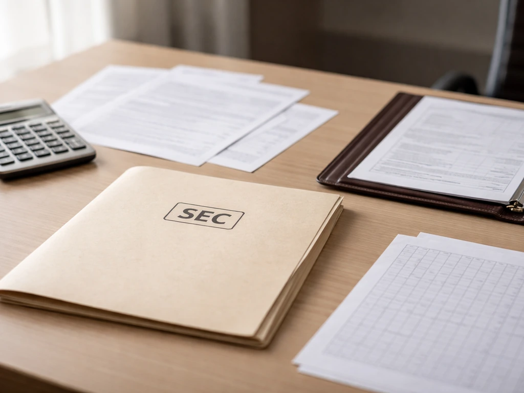 Desk with SEC-like documents and a muted spreadsheet page beside a calculator, no people.