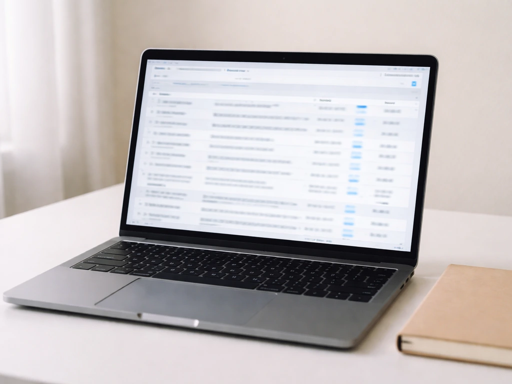 Close-up of a laptop screen showing a generic SEC EDGAR search interface, with a keyboard and notebook nearby.