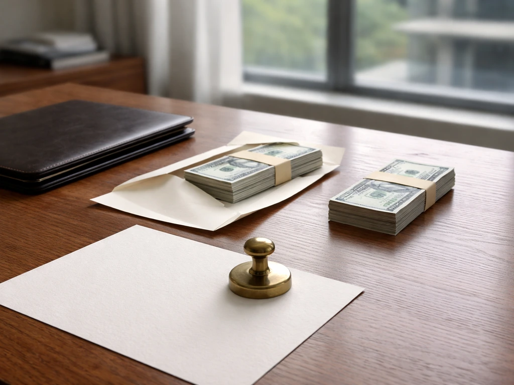 Minimal office desk scene with two separated cash bundles and a blank paper held down by a brass weight.