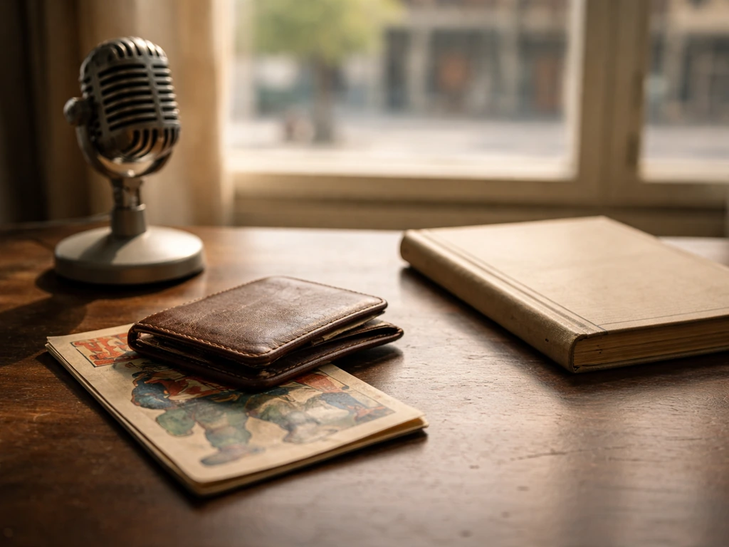 Vintage wallet and football memorabilia on a desk beside a small microphone, city window softly blurred.