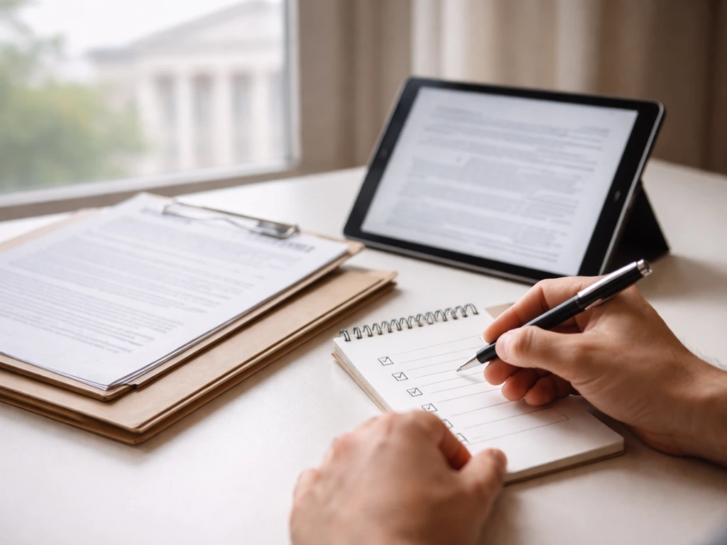 Close-up of hands marking a checklist next to documents and a tablet showing a courthouse search scene