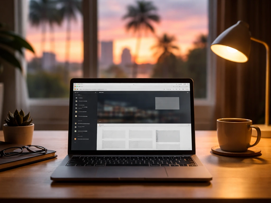 Lone entrepreneur-style desk scene with a laptop showing a generic website builder and Florida tech vibe