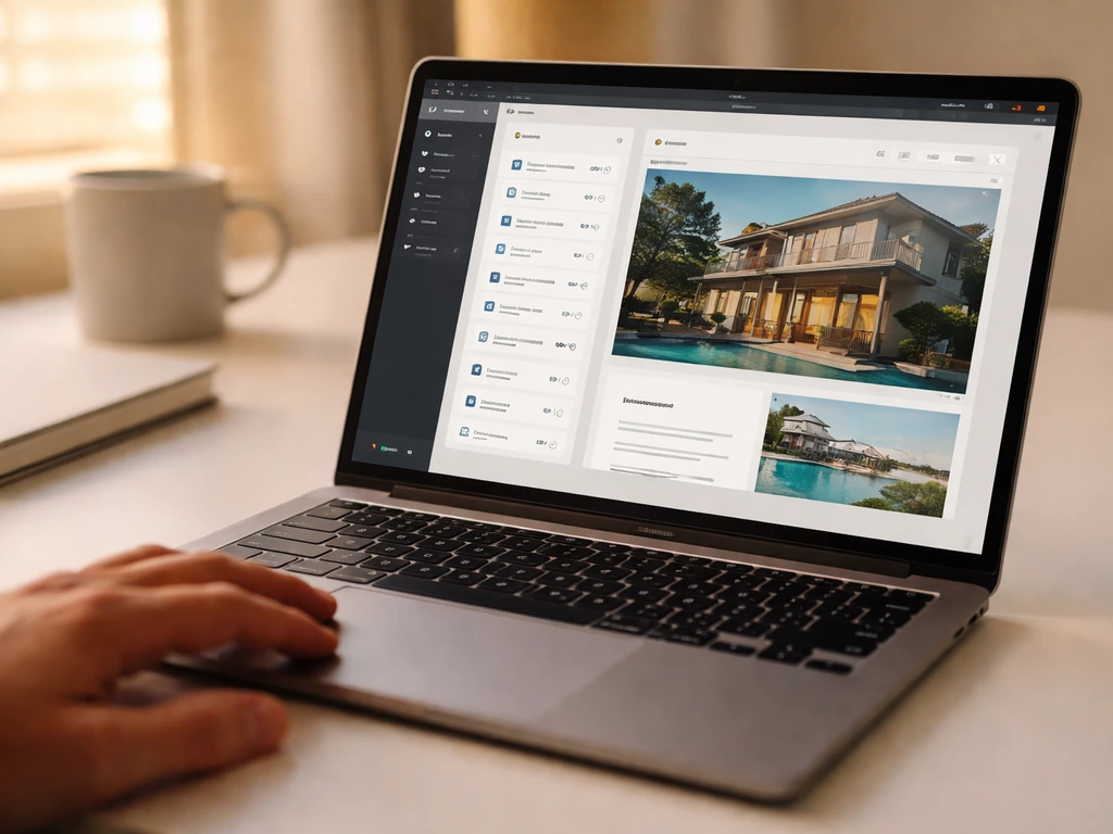 Laptop on a desk showing a generic website builder hosting dashboard interface, minimal office scene.